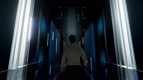 Data-Protection.-Man-in-Futuristic-Office-Interior-Moving-and-Activating-Hologram.